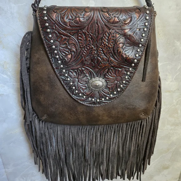 Shyanne Brown Leather Shoulder Bag with Fringe and Tooling